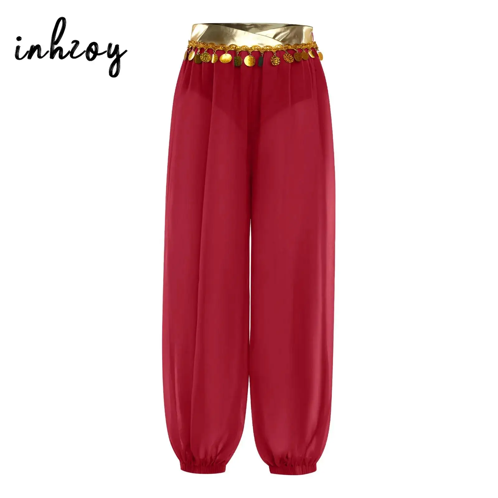 

Костюм арабской принцессы для танца живота для девочек, длинные брюки для индийского танца, золотой пояс, свободный крой, шифоновые шаровары для танцев