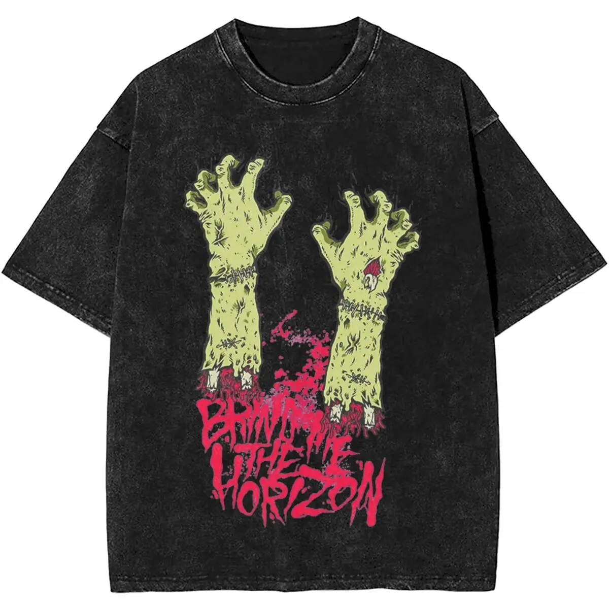 2024 Monsta Hand BMTH Horizons Rock Band Washed T Shirt Outfit Harajuku T-Shirts for Men Women Tee Shirt