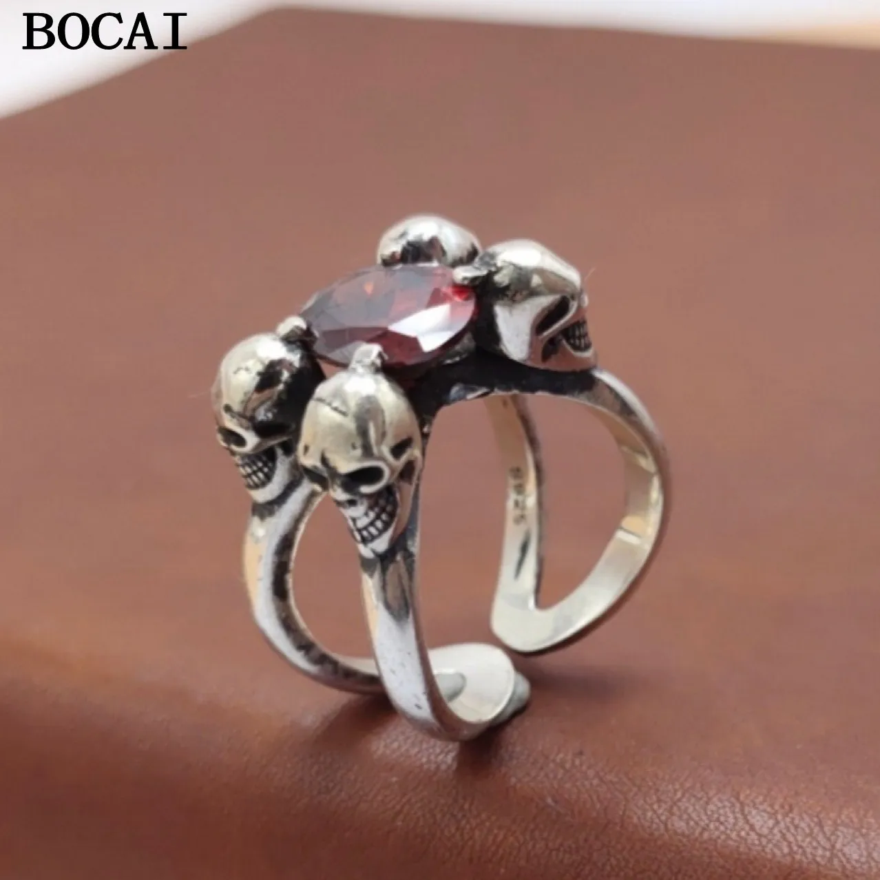 BOCAI S925 Sterling Silver Niche Light Luxury Personality Skull Flower Ring For Women