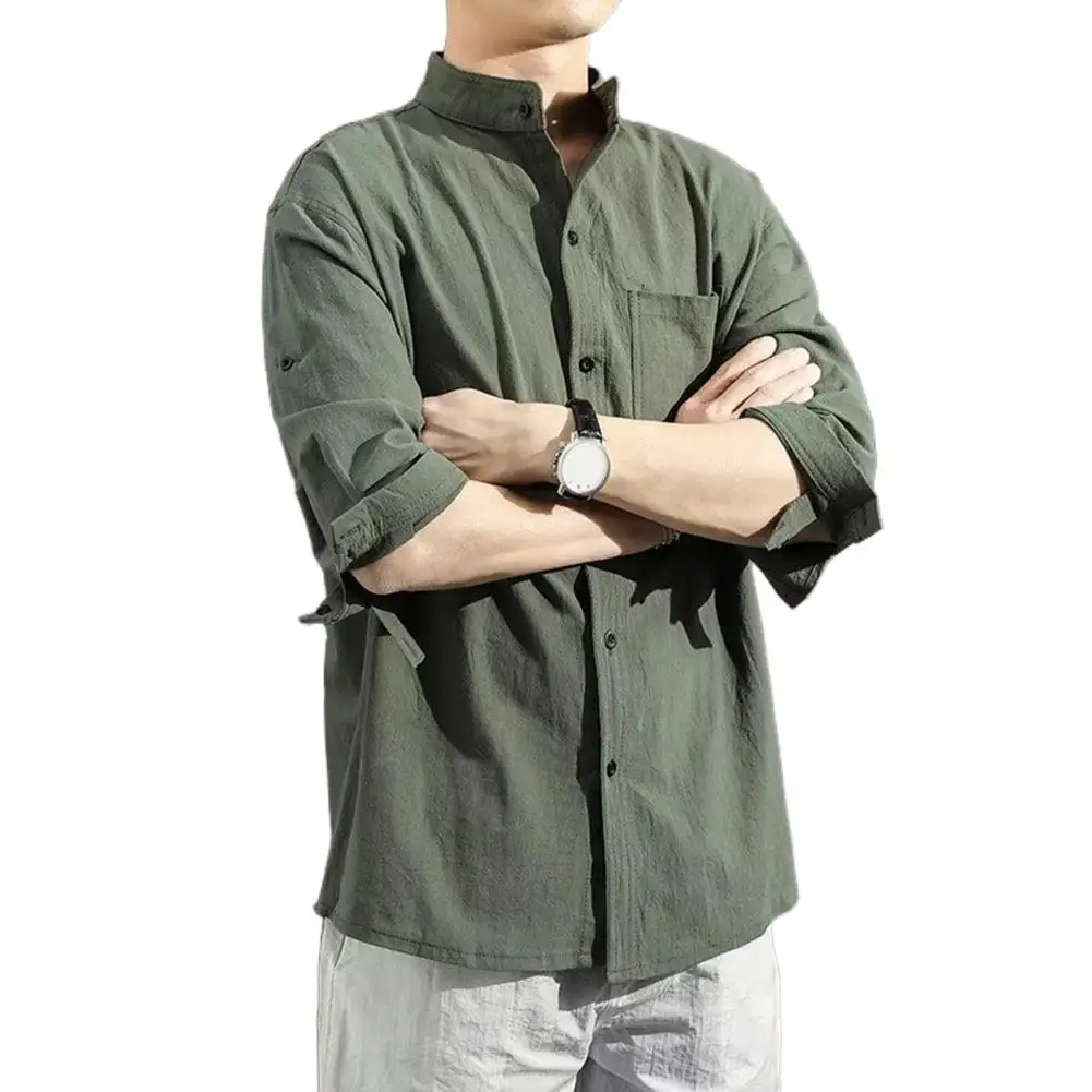 Mid Length Shirt Summer Men's Stand Collar Cardigan Loose Mid Length Business Top for Formal