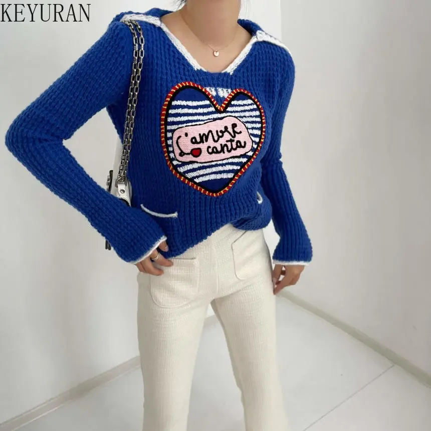 2024 Autumn Winter Sailor Collar Pullover Sweater Women Korean Fashion Long Sleeve Love Striped Knitted Sweaters Woman Jumper