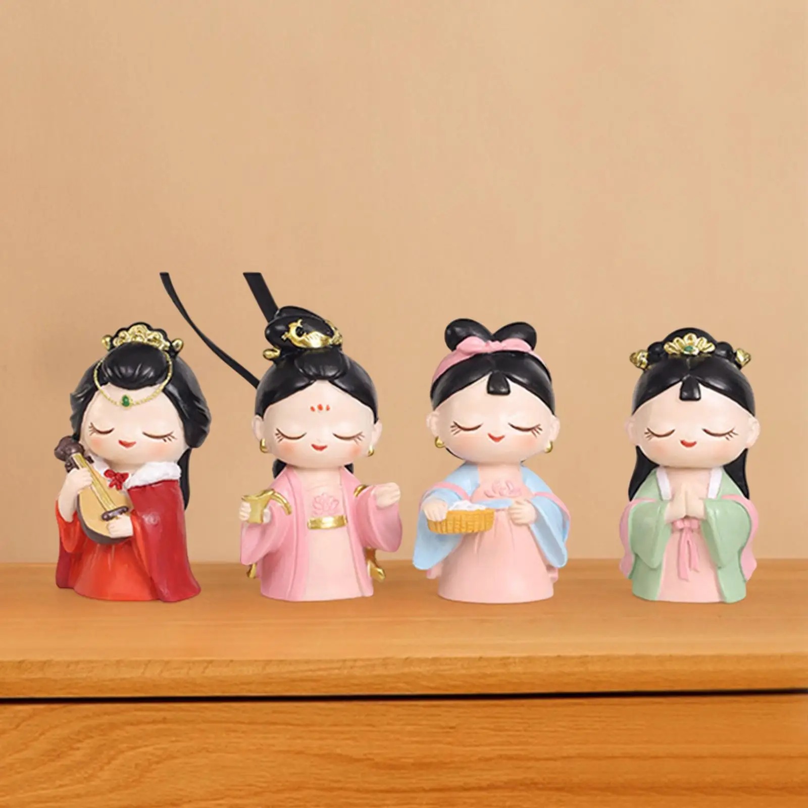 4Pcs Cute Girl Figurines Chinese Style Ornaments Resin Sculptures Small Figures for Table Bedroom Dining Room Bookshelf Entrance