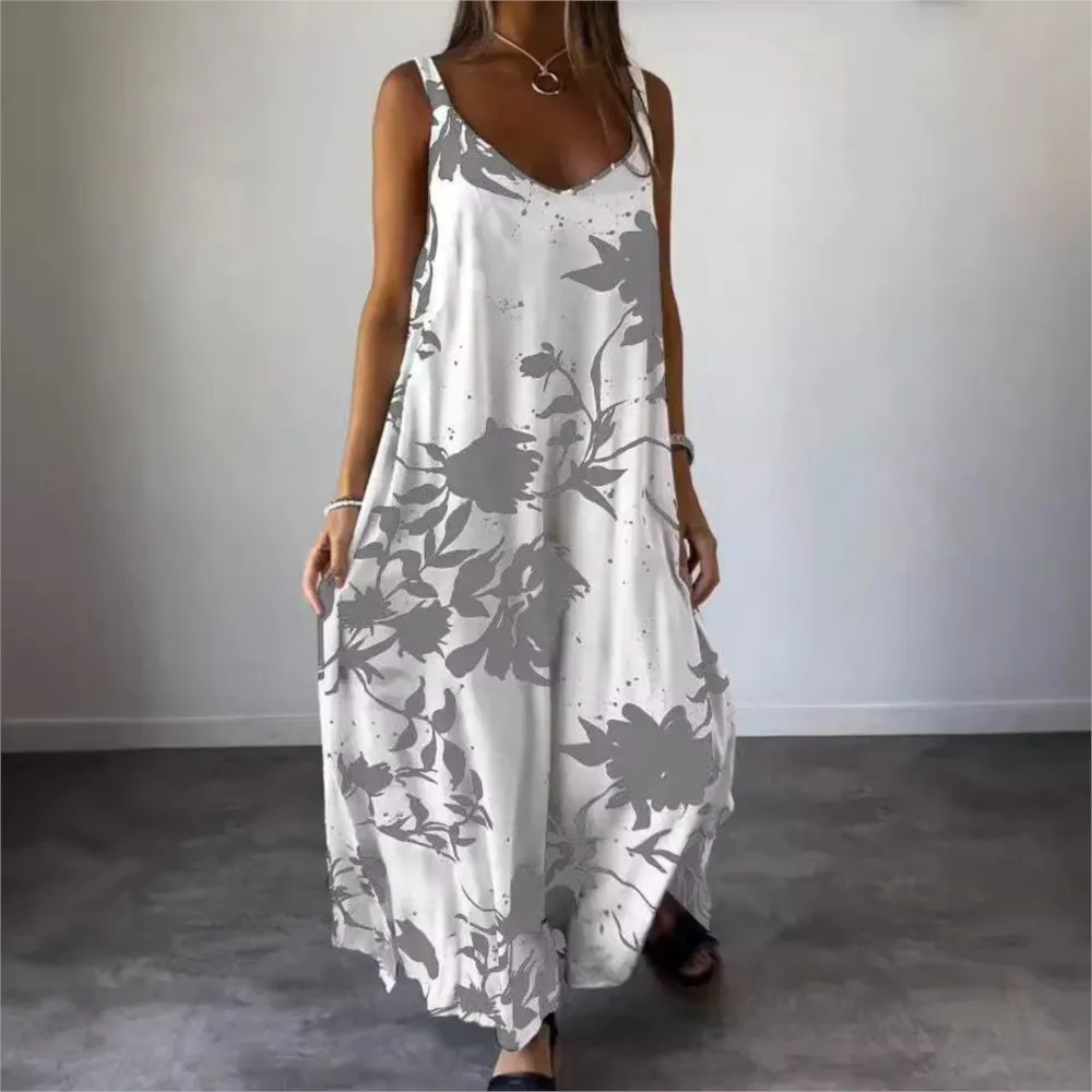 Robe longue de vacances décontractée pour femmes, imprimée, col en v, sans manches, dos nu, mode, Sexy, bretelles, Maxi, nouvelle collection été 2025