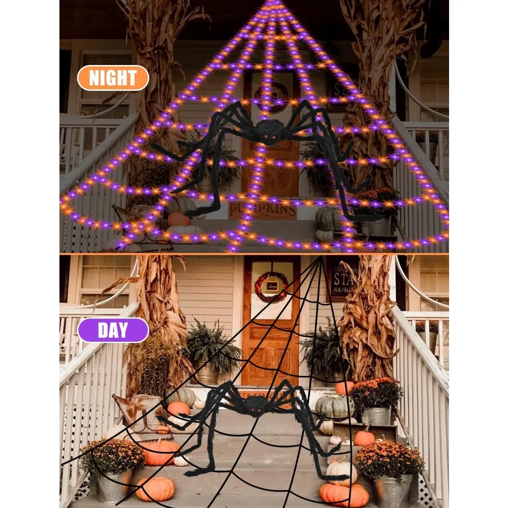 Luces decorativas de Halloween de telaraña, luces gigantes para exteriores, 8 modos, resistente al agua y temporizador, 550 LED