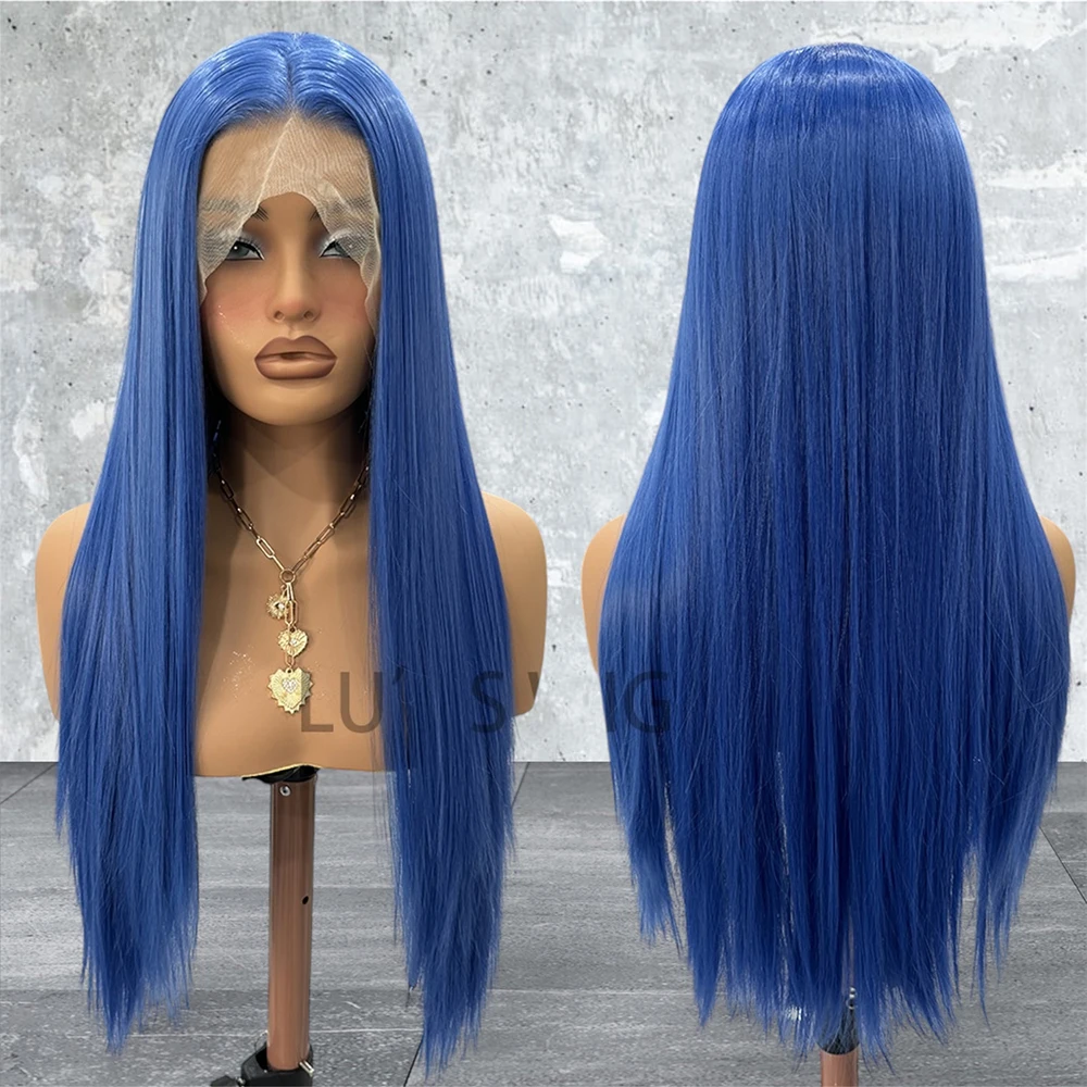 Azul longo peruca de renda reta cabelo sintético azul escuro peruca de seda staright perucas de renda frontal resistente ao calor para uso diário feminino