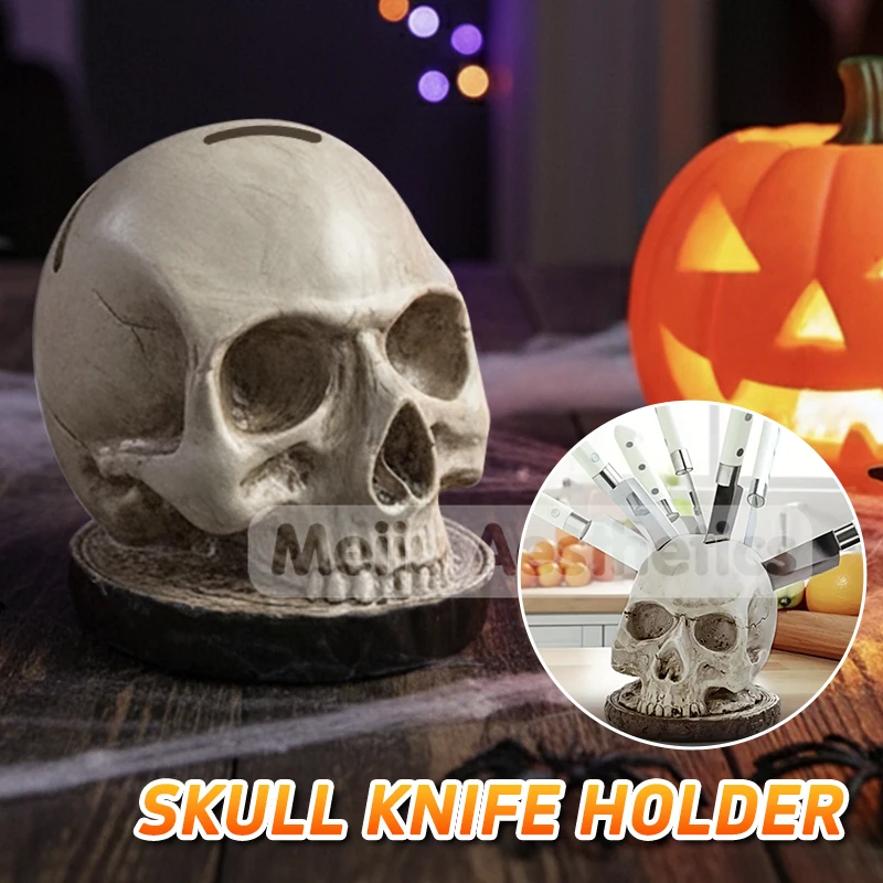 Gothic Skull Knife Holder Horror Skeleton Halloween Decoration Resin Storage Rack Holiday Desktop Ornament Kitchen Accessories