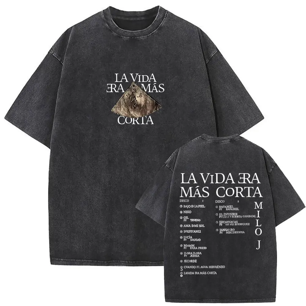 Washed Vintage Rapper Milo J La Vida Era Mas Corta Graphic T-shirt Men Women Hip Hop Fashion T Shirt Male Casual Cotton T-shirts