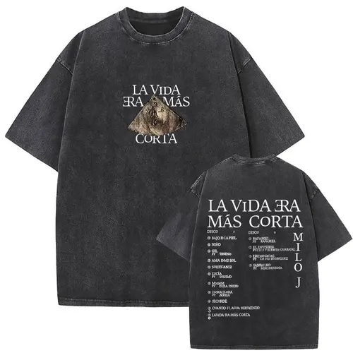Imagen 2 del producto Camiseta con gráfico de rapero Vintage lavada Milo J La Vida Era Mas Corta para hombre y mujer, camiseta de moda Hip Hop, camisetas informales de algodón para hombre