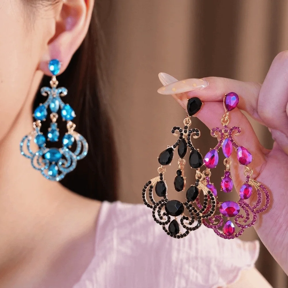 Exaggerated Rhinestone Drop Earrings Exquisite Hollow Design Long Teardrop Earrings Vintage Elegant Statement Earrings Evening