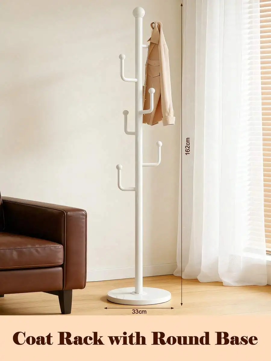 DO DOWIN White Coat Rack With Storage Basket, Freestanding Clothes Rack, Coat Rack Stand For Scarves Handbags Clothes, Modern Co