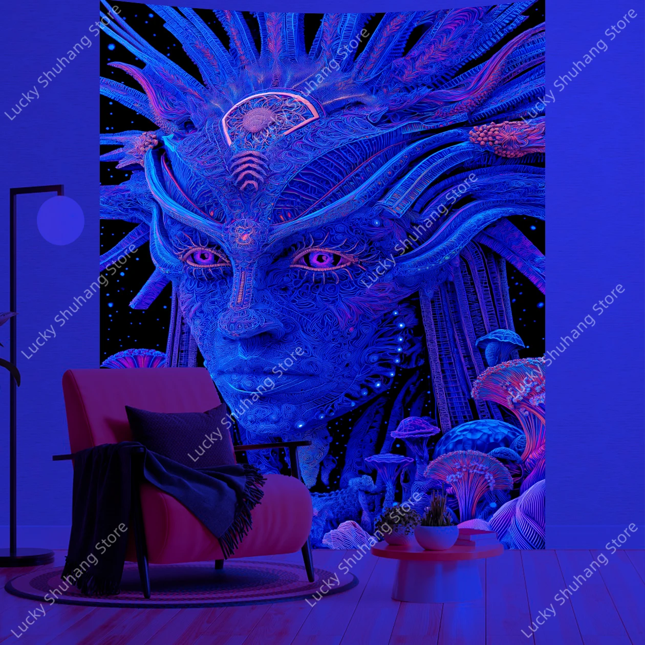 Psychedelic Mystical UV Tapestry Intricate Face Pattern with Cosmic Mushrooms and Bohemian Style Wall Hanging for Bedroom Decor