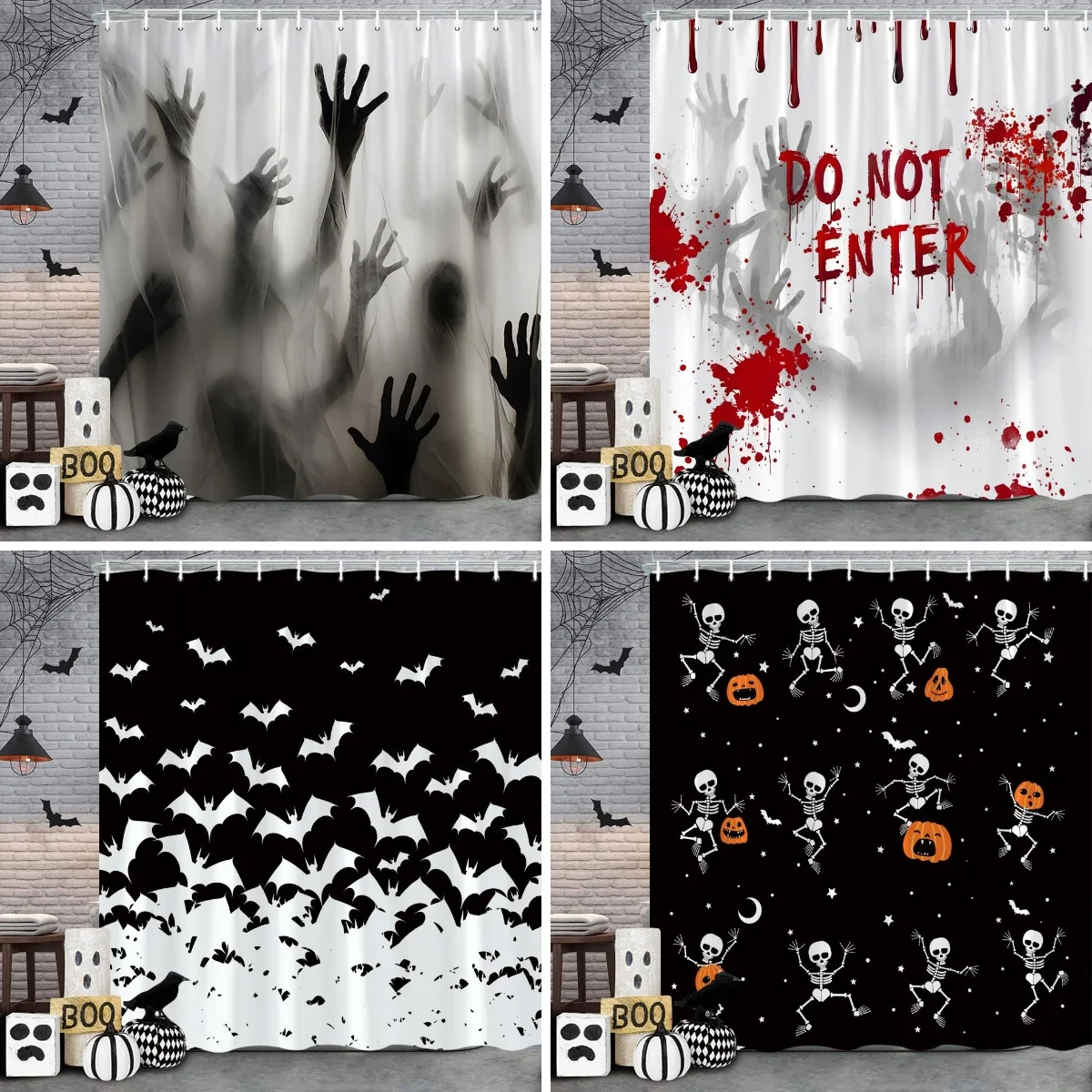 

Halloween Shower Curtain Skulls Bats Blood Handprints Horror Ambience Holiday Gift Polyester Fabric Bath Curtains Bathroom Decor