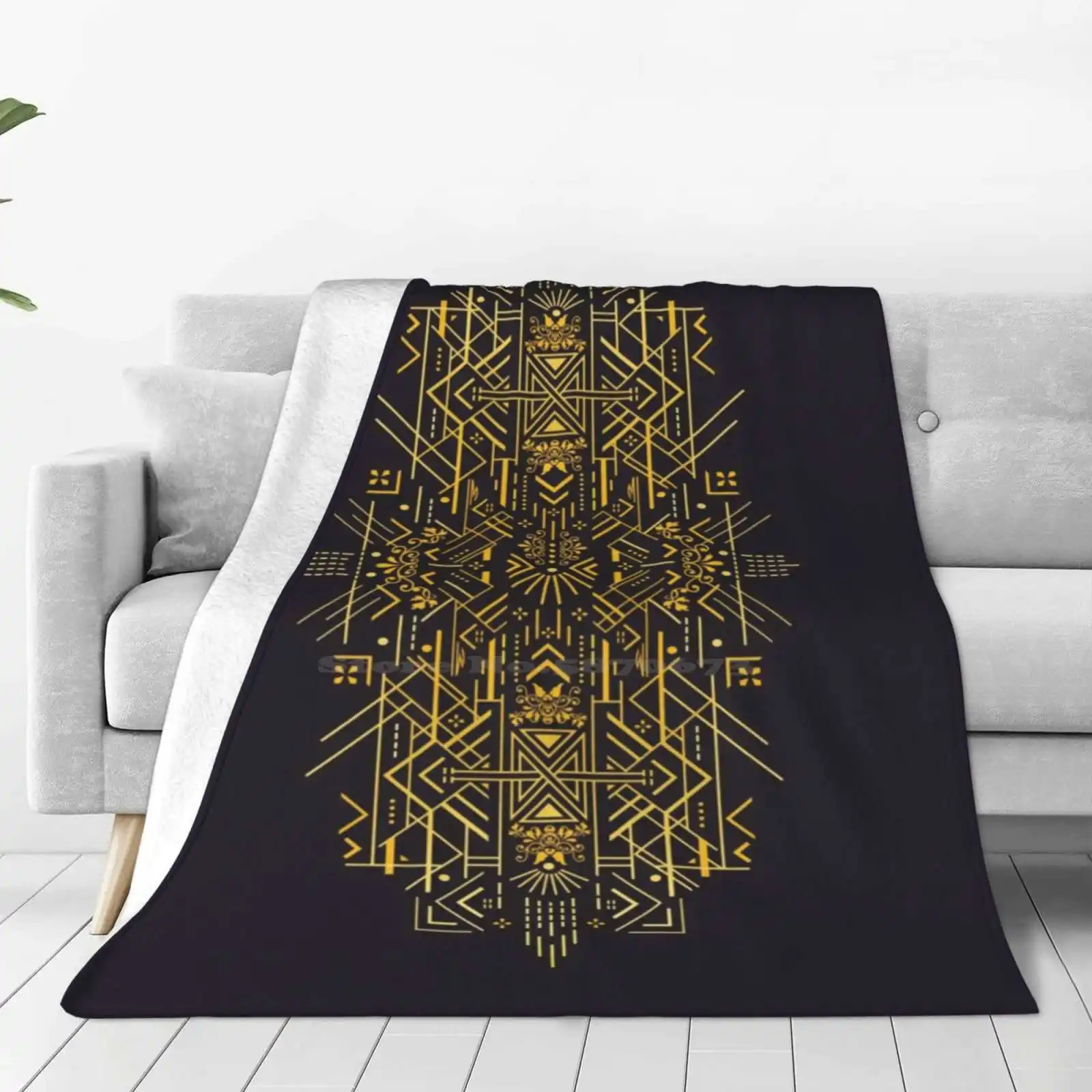 Life Is Golden Fashion Soft Warm Throw Blanket Muzich Tattoo Pattern Yellow Line Shape Geometric Motif Golden Priceless Rich