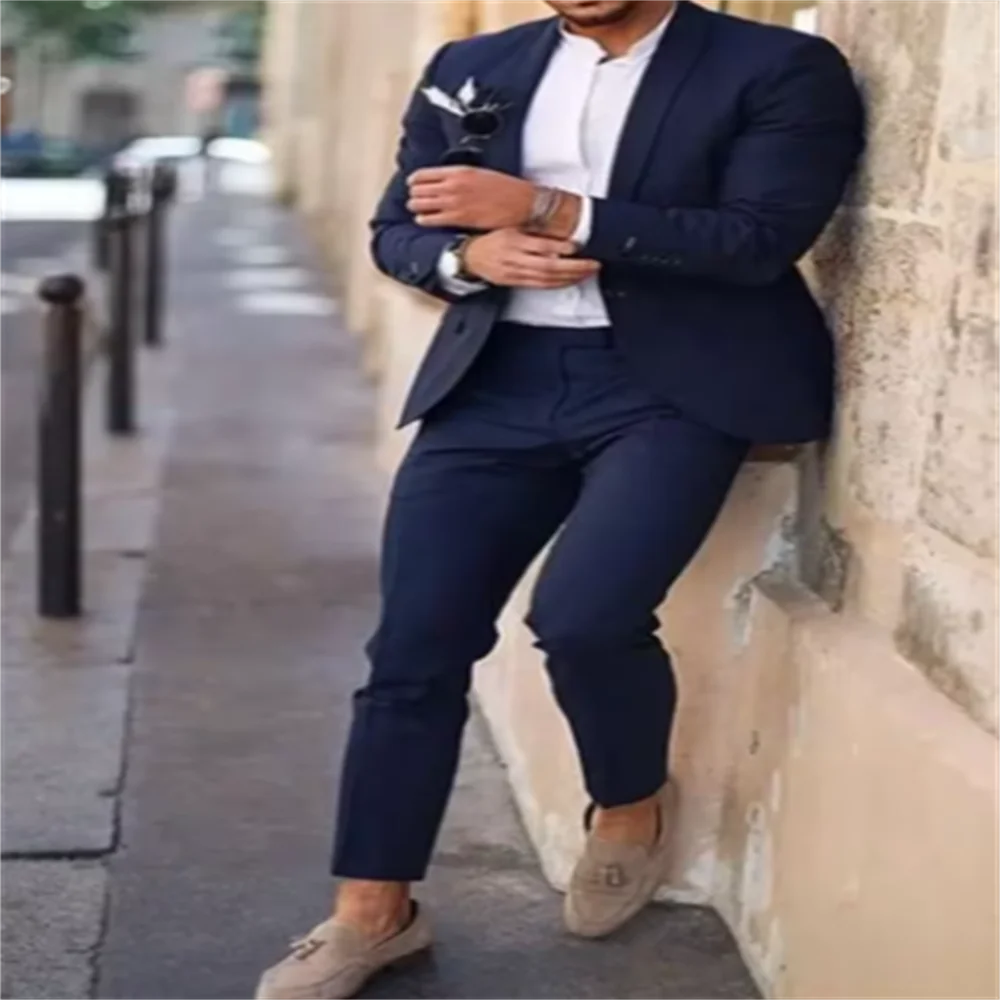 

2Pieces Navy Blue Tuxedo Men Suits for Wedding Business Blazer Lapel Costume Homme Terno Party Suits (Jacket+Pant)