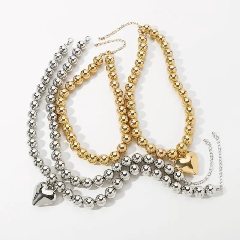 J78F 2Pack Fashion Heart Bead Necklace Elegant Heart Necklace Versatiles Neck Jewelry