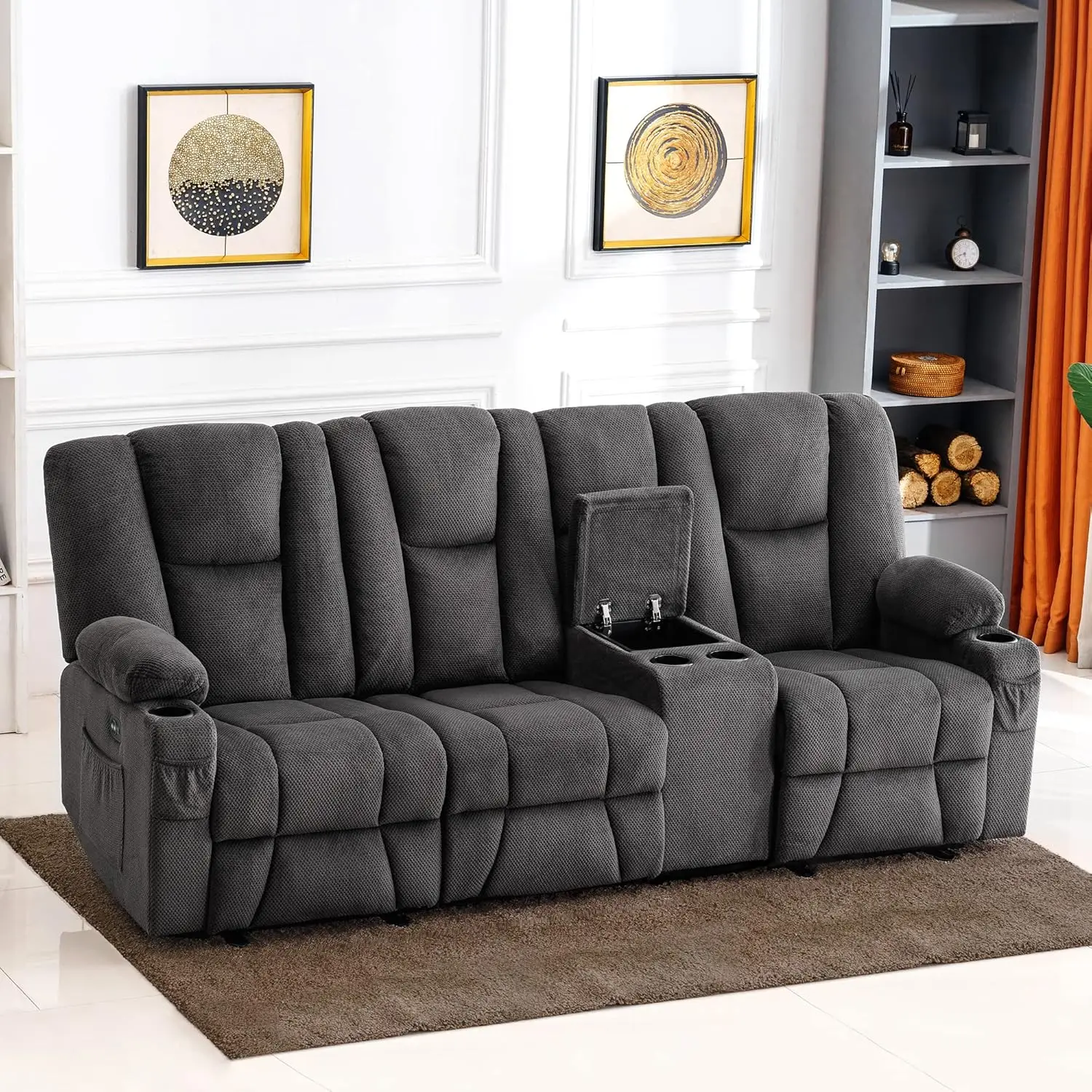 

Recliner sofa with heating and vibration, USB port, cup holder, 3 seat double recliner sofa with console for living room