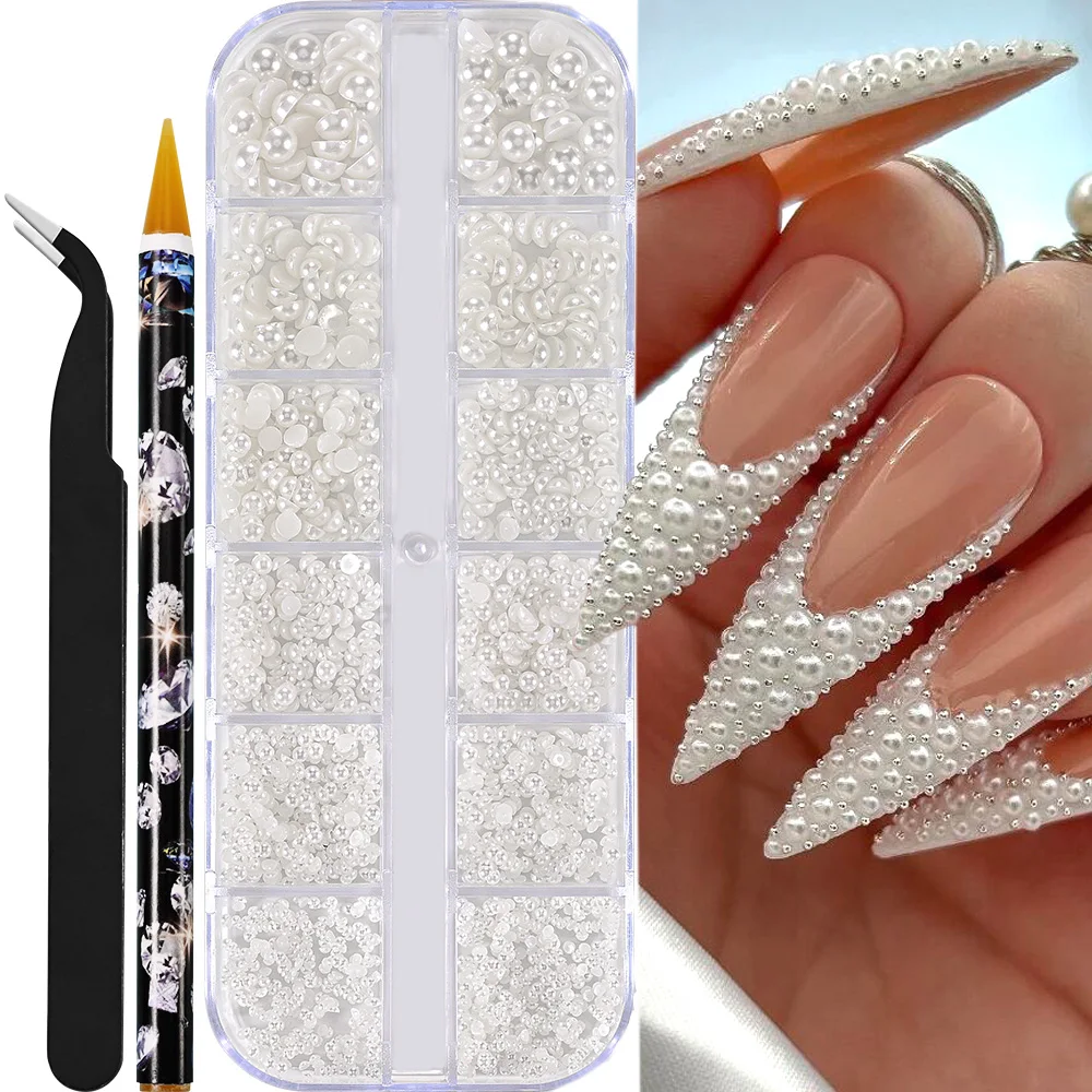 12er-Pack Halbrunde Perlen 3D Nagel-Charms 1,5/2/2,5/3/4/5mm Weiße Flache Perlen Nagel-Schmuck Nagelkunst Perlen-Strass