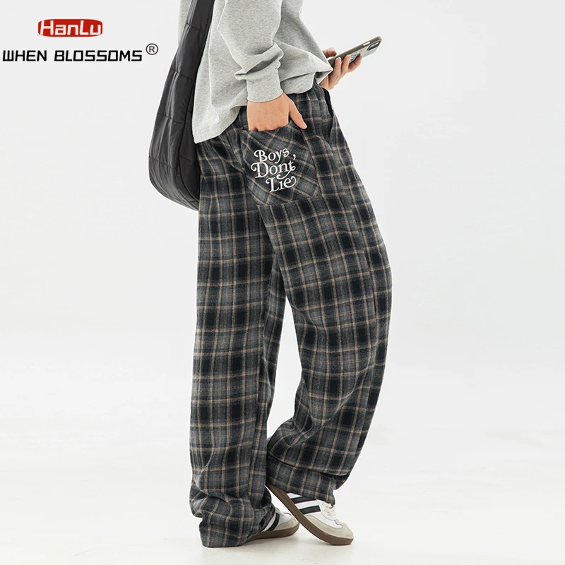 HANLU 2025 Spring New Trendy Slacks Men's Women's Loose Straight Flannel Casual Pants. Embroidered Pockets Classic Check Pattern