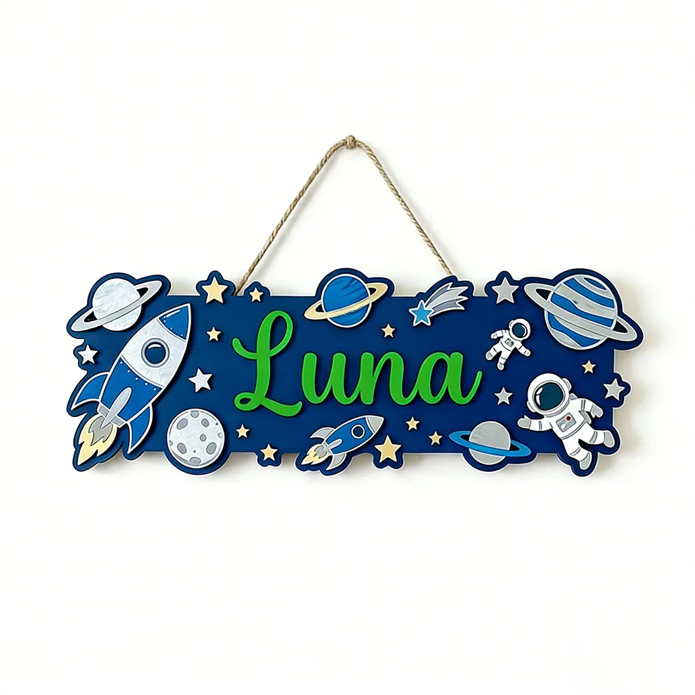 Personalized Astronaut Space Name Sign, Wooden Galaxy Nursery Decor, Cute Rocket & Planet Door Plaque, Unique Gift for Space Lov