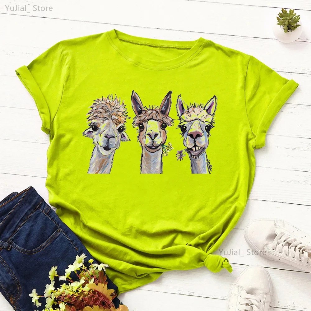 Camiseta Harajuku Kawaii para Mujer, camisetas divertidas con estampado de animales de Alpacas, Top blanco de verano, Camiseta informal para Mujer