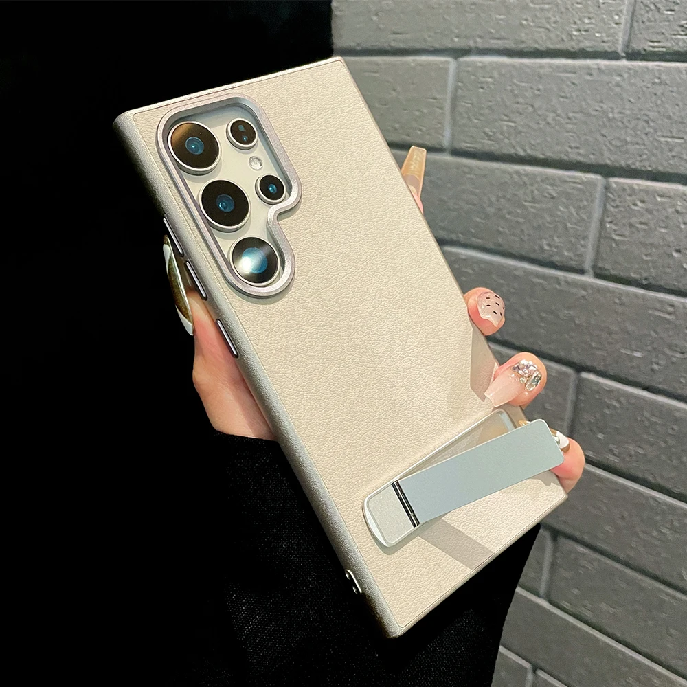 Natural Titanium metal holder leather phone case for Samsung Galaxy S24 S23 S22 Ultra Plus metal button shockproof hard cover