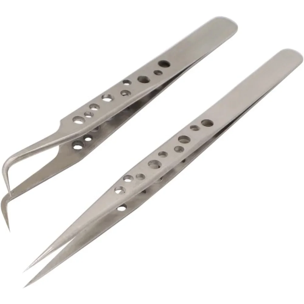 Anti-static Electronic Industrial Tweezers, Curved/Straight Tip, Stainless Steel Tweezers for Phone Repair & Eyelash Extension