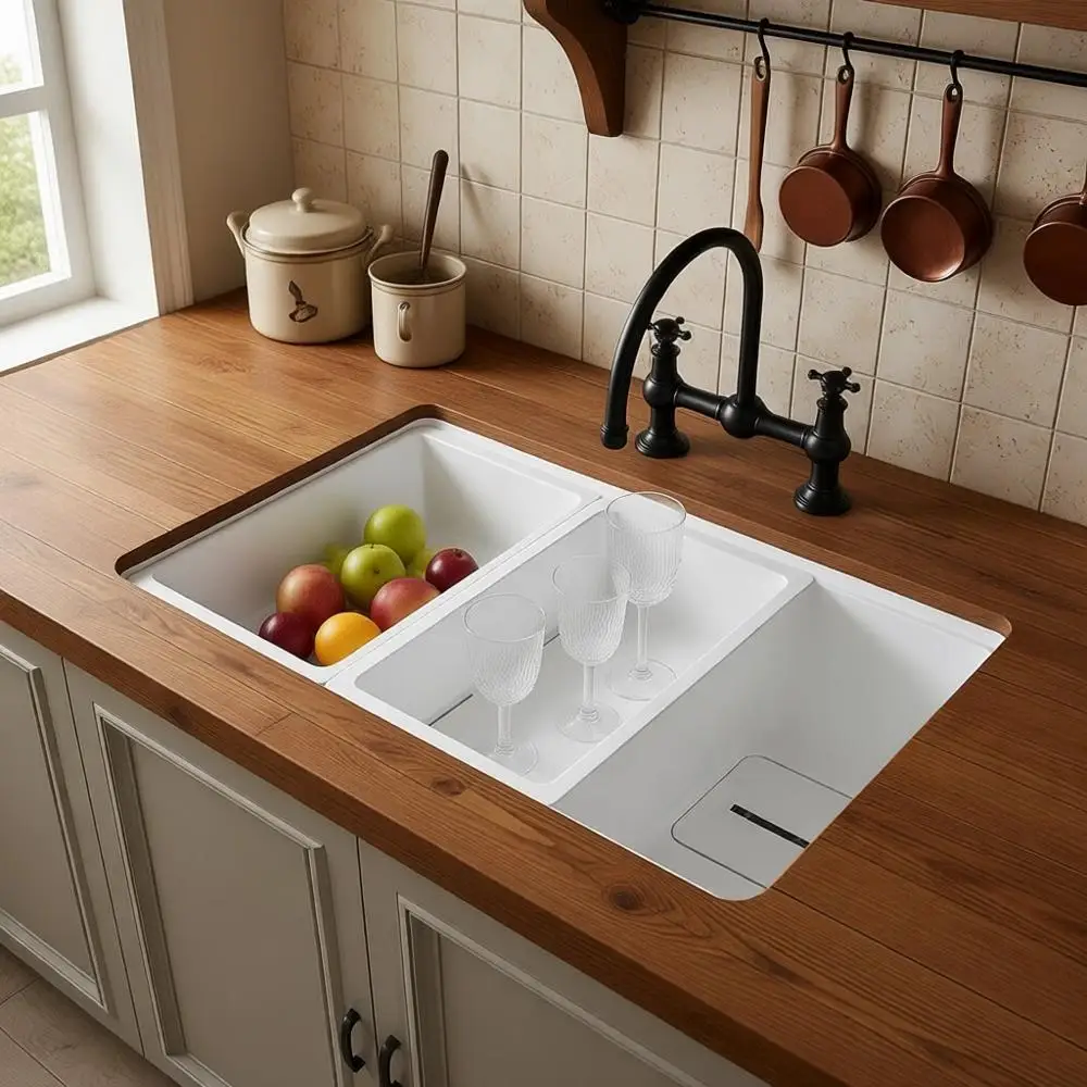 

White Undermount Kitchen Sink 30 x19 Granite Composite Kitchen Sink Single Bowl Deep Drop-in Undermount Workstation Sink with Ac