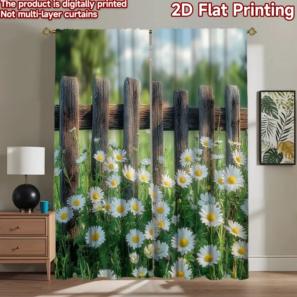2D flat 2pcs Curtain Country Style Daisies by Wood Fence Digitally printed polyester Festive Curtains for Holiday Celebrations