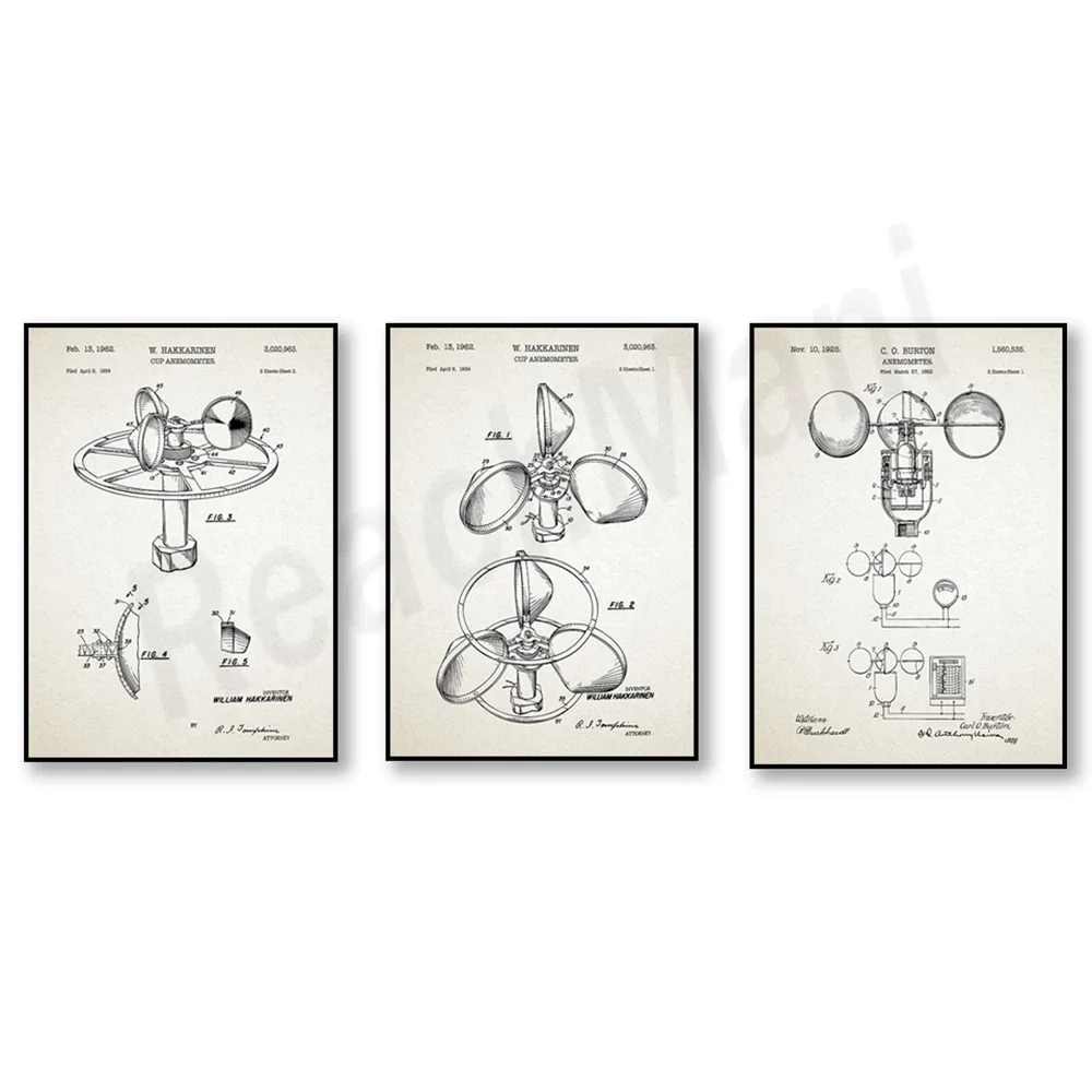 Anemometer illustration, anemometer patent art, weather wall art, weather station decorative poster canvas print