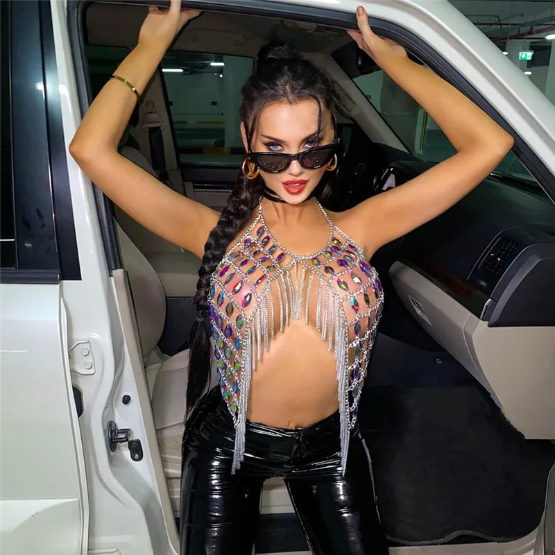 เสื้อกล้ามประดับเลื่อมลายหยดน้ำประดับเลื่อมสำหรับผู้หญิงเสื้อครอปปาร์ตี้กลางคืนประดับพู่เว้าหลังมีพู่