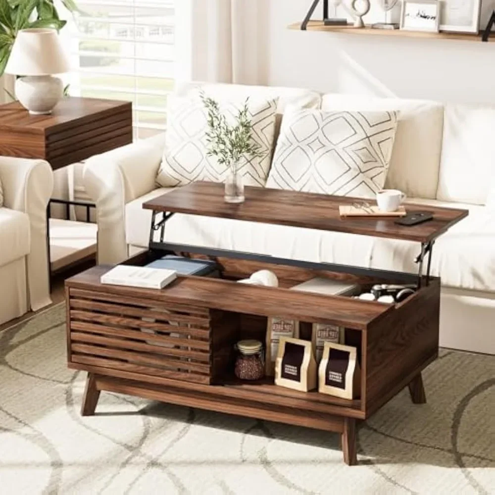 Mid Century Modern Lift Top Coffee Table with Storage, Walnut Living Room Table featuring Sliding Feature