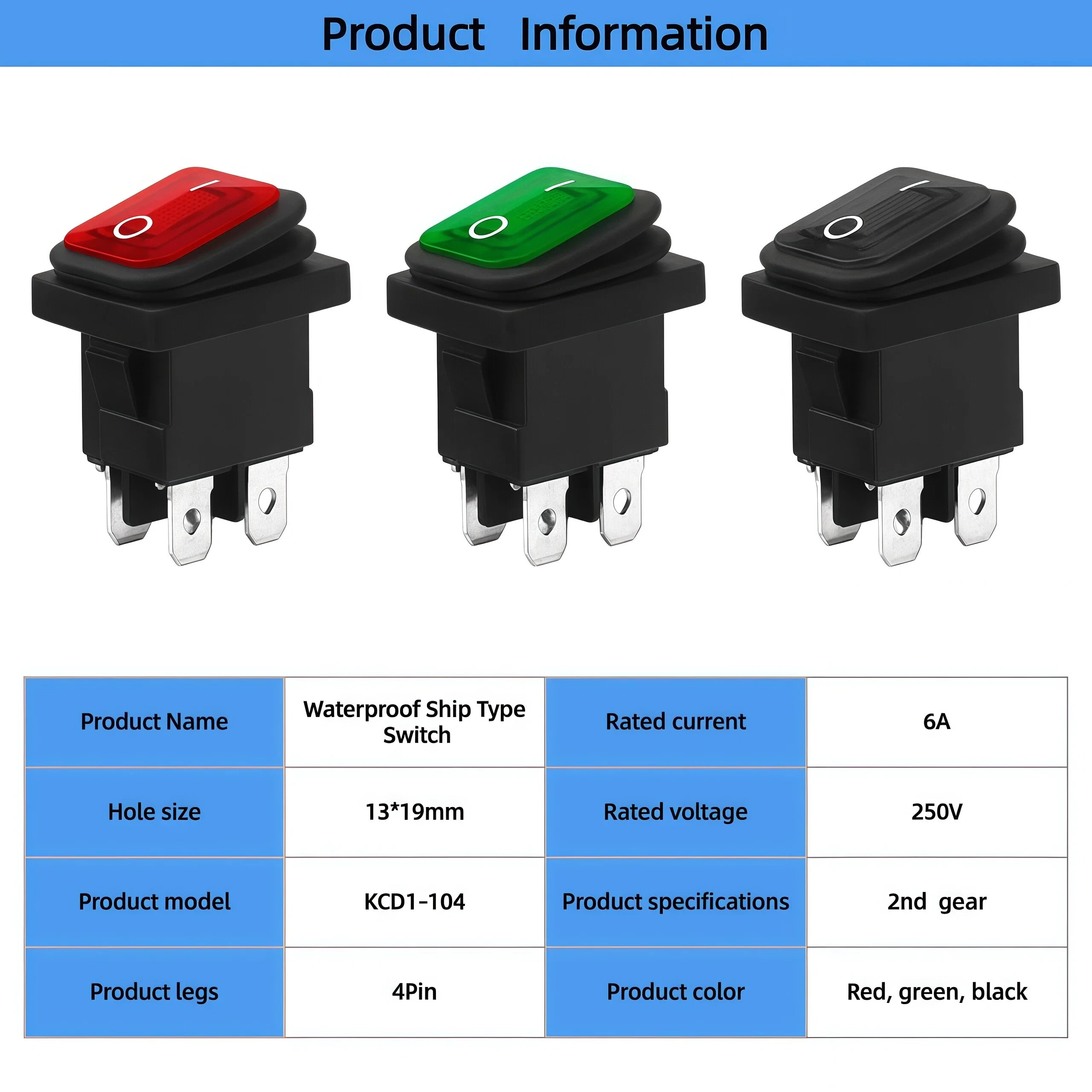 KCD1 4-Pin مستطيلة الروك مقاوم للماء الروك التبديل عالية الحالي 6A الطاقة الروك التبديل مع IP65 220 فولت الضوء الأحمر والأخضر