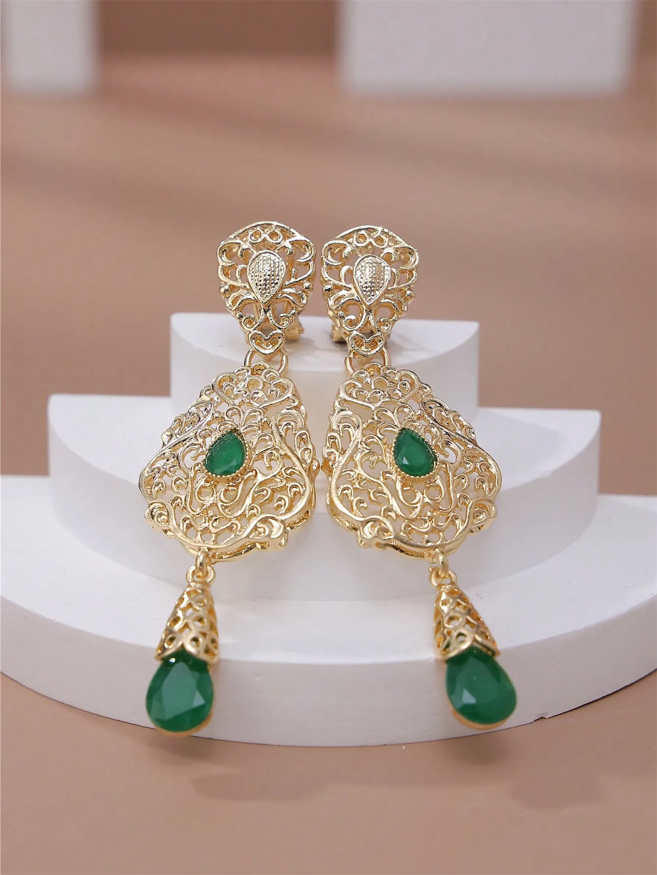 Moroccan Filigree Clip On Earrings Teardrop Crystal Arab Women Wedding Caftan Dangle Drop Party Jewelry