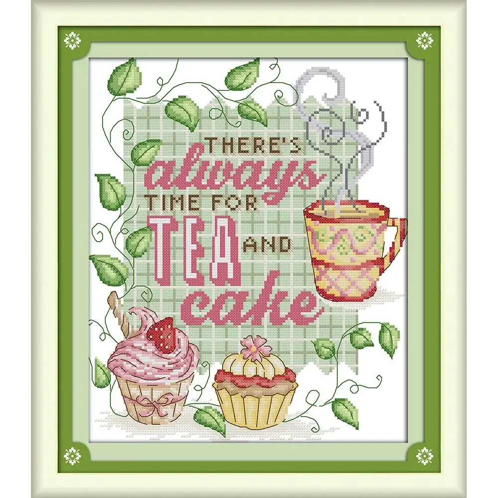 

Cross Stitch Kits, 14CT Pre-Printed Pattern Needlepoint Kits, Full Range of Stamped Starter Kits (Tea and Cake, 11.8 x 13.4
