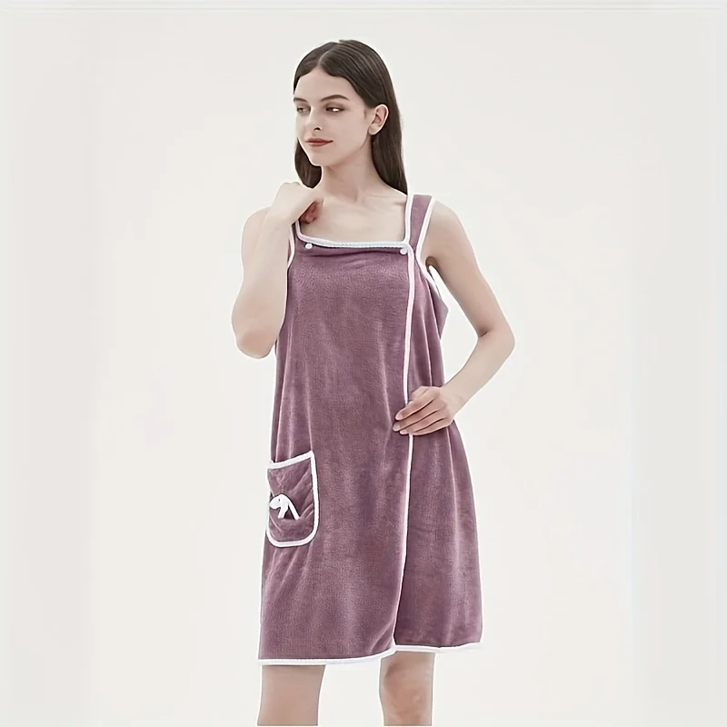 1 منشفة حمام يمكن ارتداؤها، فستان حمام مخملي مرجاني بفيونكة جيب للبالغين، رداء حمام ماص سريع الجفاف مع جيوب، زخرفة القوس