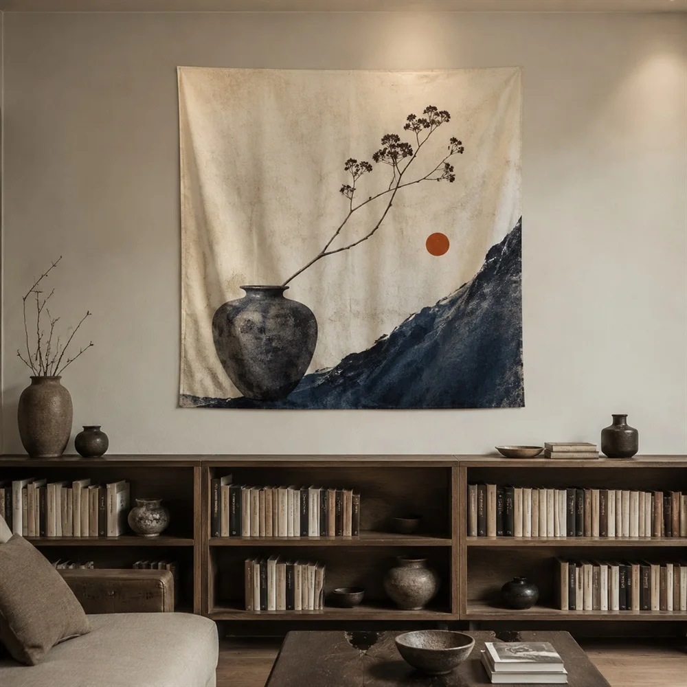 VIKAMA Clay Vase Still Life Diagonal Flow Tapestry Wall Hanging, Wabi Sabi Wall Art Tapestries for Bathroom Bedroom Living Room