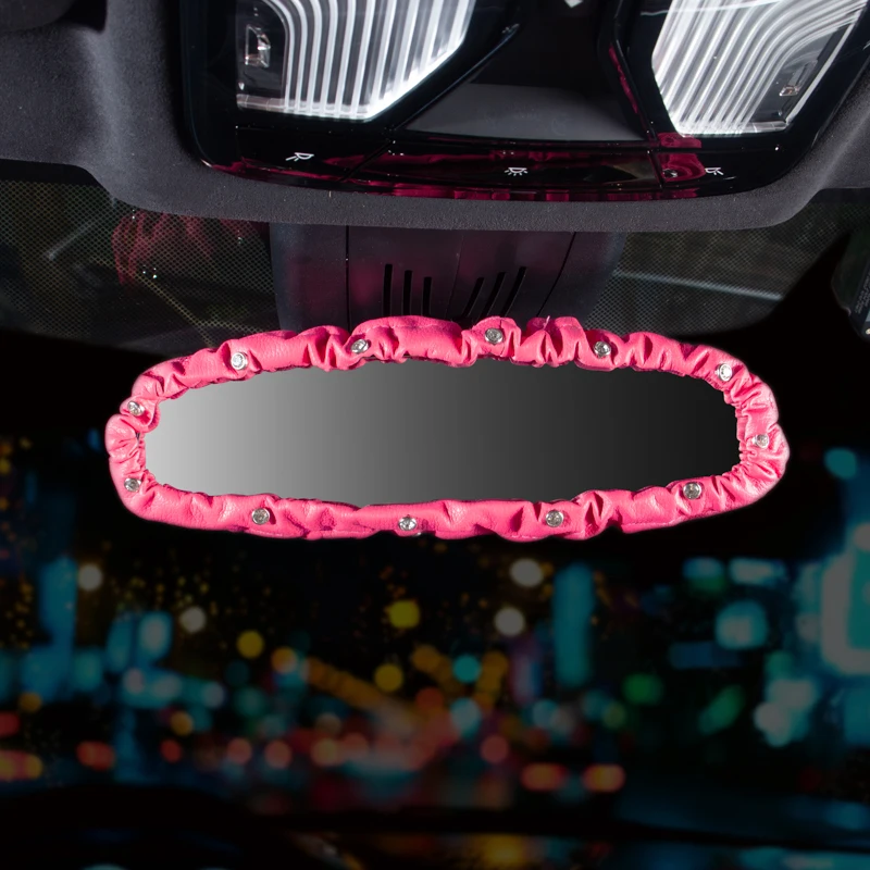 Universal Car Rearview Mirror Cover Elastic Leather Crystal Rear View Mirror Decoration Cover Auto Interior Accessories