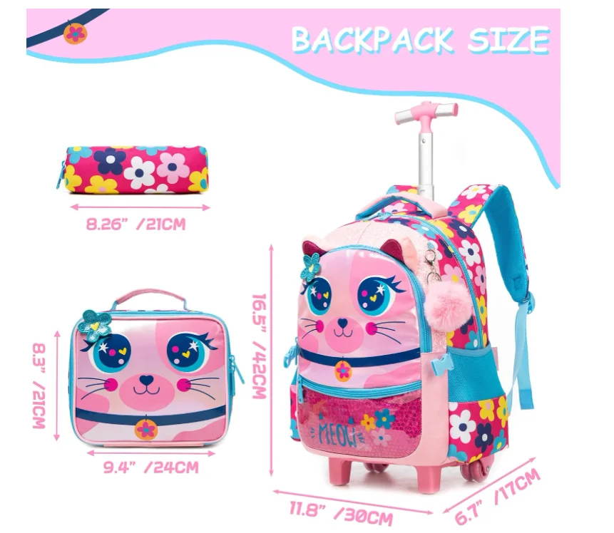 School Kids Rolling Backpack for Girls With Wheels 3 in 1 School Wheeled backpack set for girls School Trolley Bag with wheels