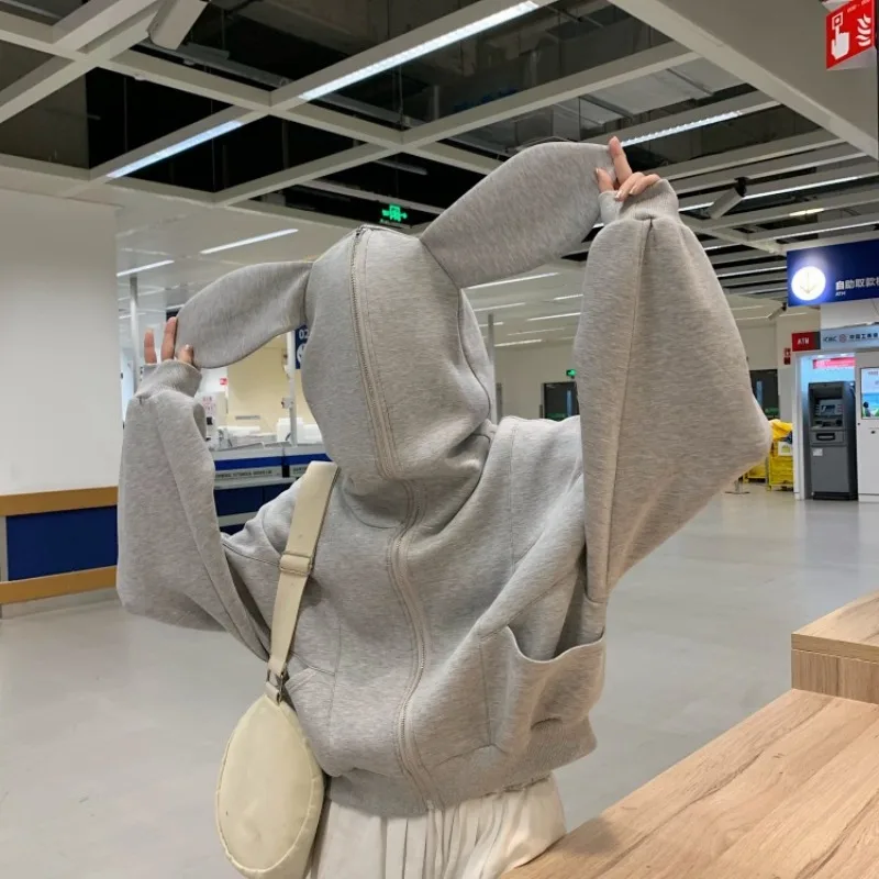 

2025 Rabbit Ear Hooded Sweater Women's Short Grey Joker Loose Lazy Wind Coat