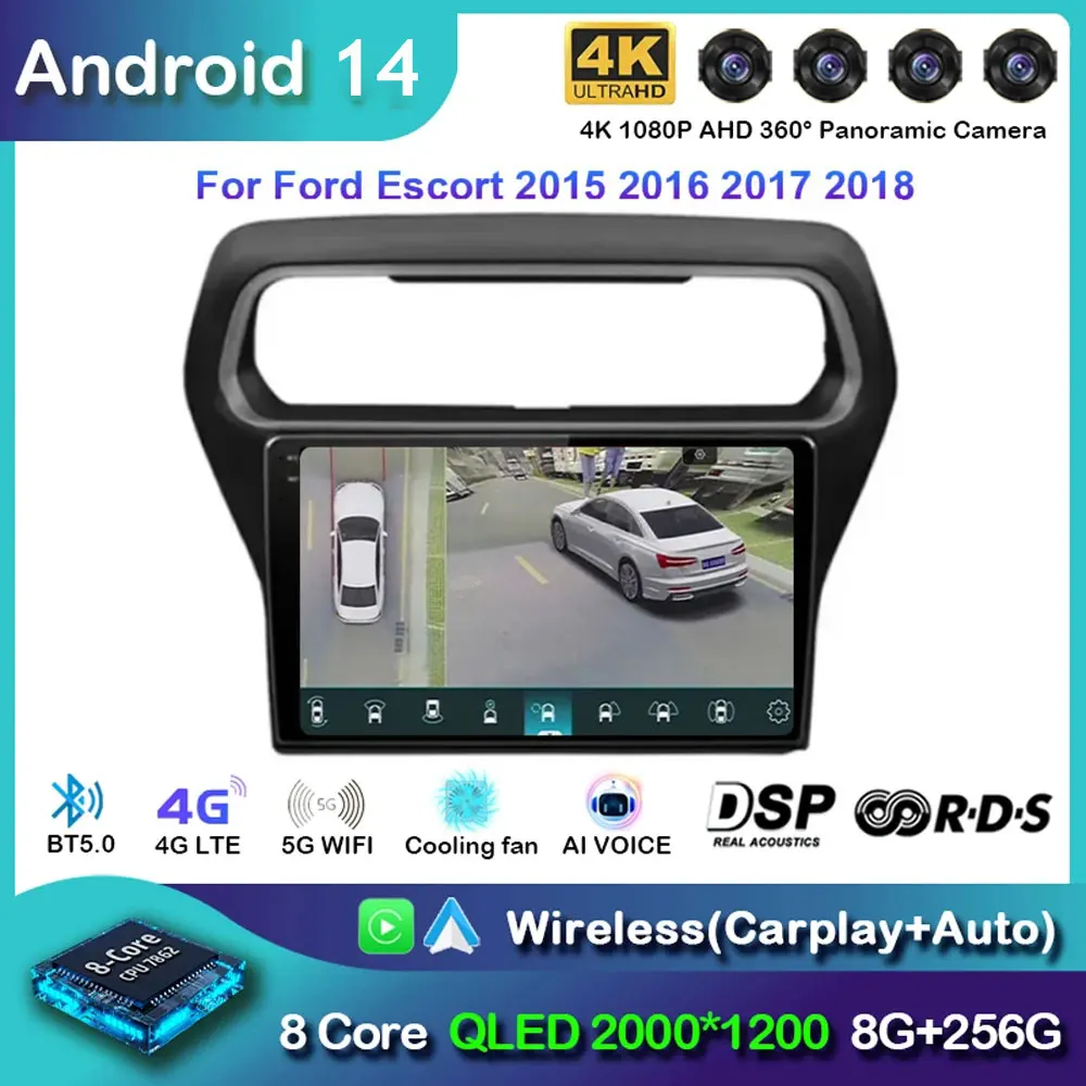 Car Radio Android 14 For Ford Escort 2015 2016 2017 2018 GPS Navigation Carplay Android Auto Stereo 5G Wifi Bluetooth No 2din BT