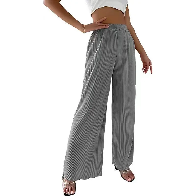 

New Elastic Waist Casual Wide Leg Pants Women Spring Summer Loungewear Wrinkle Drape Trousers Fashion Loose Streetwear 2024