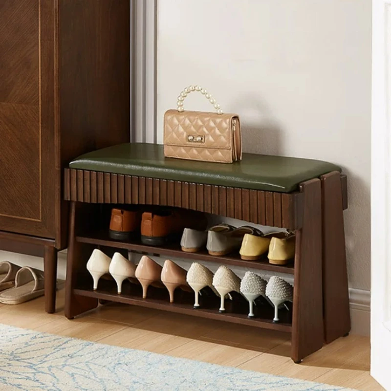 *Vintage Dark Wood Hall Bench Vertical Reeded Cabinet Front Green Leather Cushioned Seat & Two-Layer Under-Bench Shoe Storage