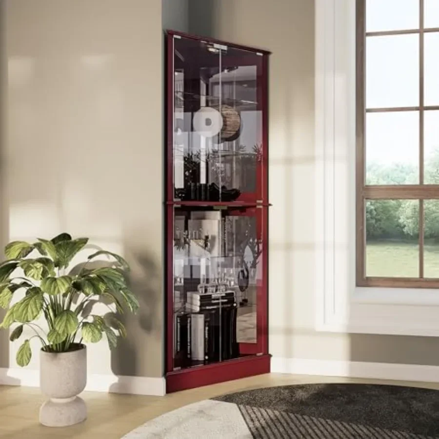 Lighted Corner Display Curio Cabinet for Home Bar Use, Wooden Material, Walnut Finish, Tempered Glass Door and 6 Adjustable She