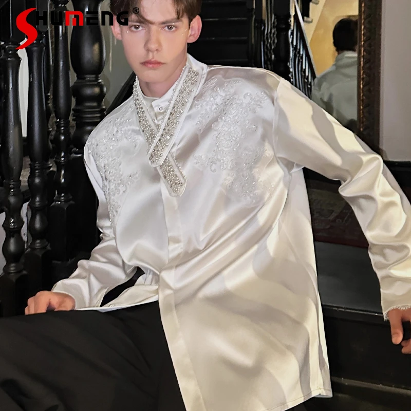 

Men's Trendy Beaded Satin Shirts Men's 2025 Autumn New Stand Collar Embroidered Shirts Male Long Sleeve Handsome Fashion Tops