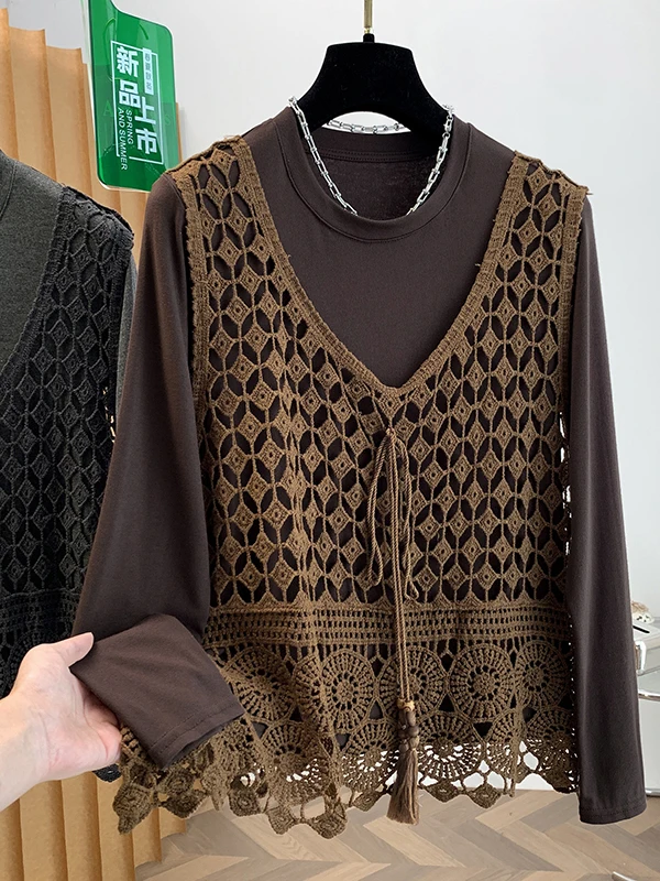 Women's Hooked Hollow out Long Sleeve T-Shirt Two-Piece Set Casual Style Loose Fit Top Layering Vest Autumn Collection