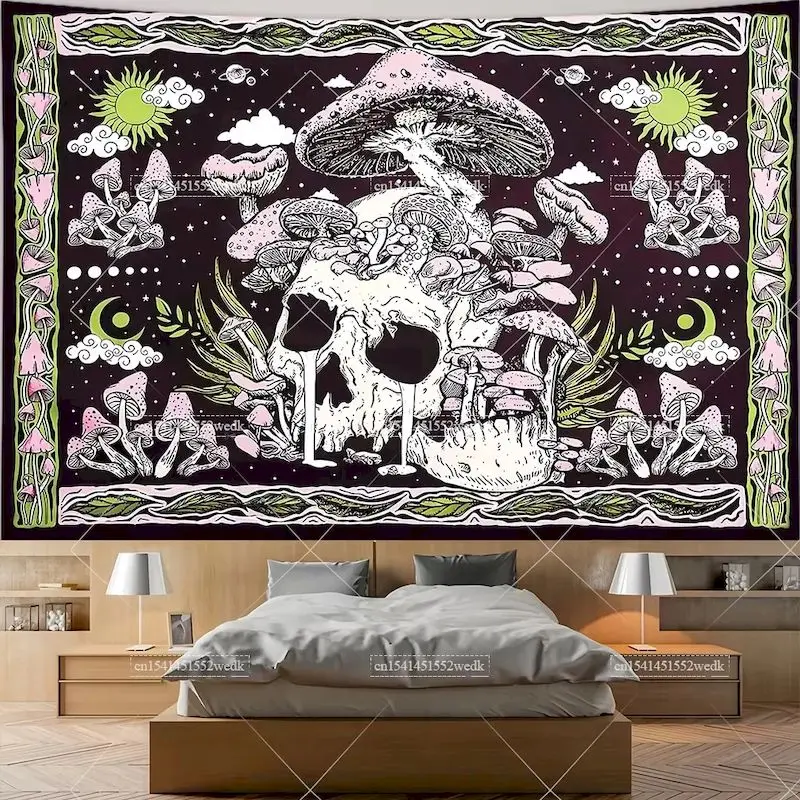 VIKAMA Psychedelic Mushroom Skull Tapestry Wall Hanging, 6 Assorted Designs, Wall Art Home Decor
