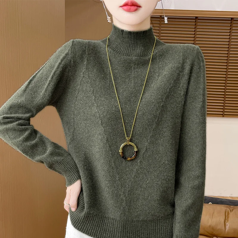 100% Wool Semi High Neck Sweater For Women's AutumnWinter New Style Solid Color High-Quality Warm Soft Knitted Pullover Jumper