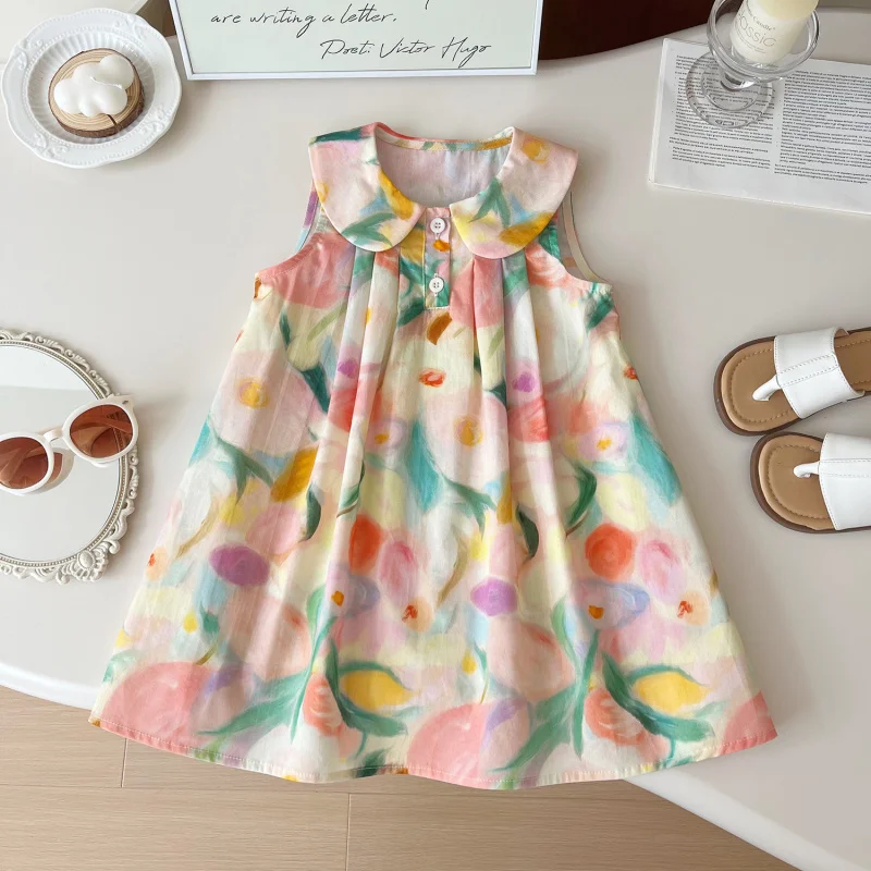 

2024Summer New Girls' Printing Lapel Dress Girls' Elegance Sleeveless Children Single Skirt