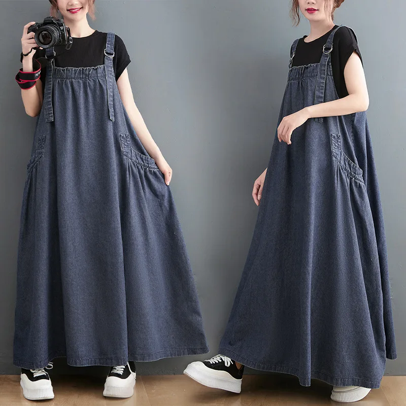 Denim Dress Women Strap Dresses Sleeveless Overalls Sundress Pockets Maxi Gown Vintage Streetwear Washed Female Summer Vestidos