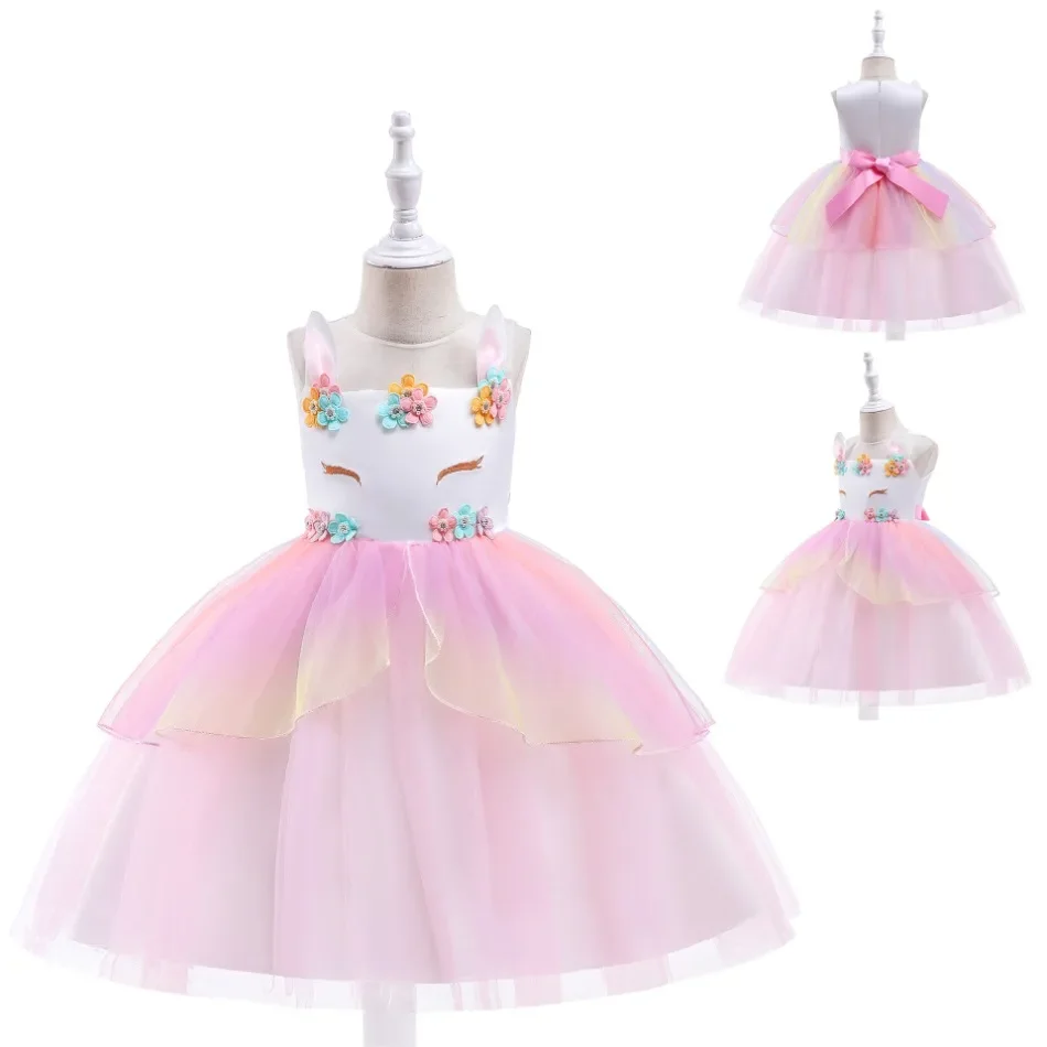 Girls Unicorn Dress Rainbow Print Applique Frock Birthday Party Princess Tutu Dress Costume Sleeveless Fluffy Elegant Gown Cloth